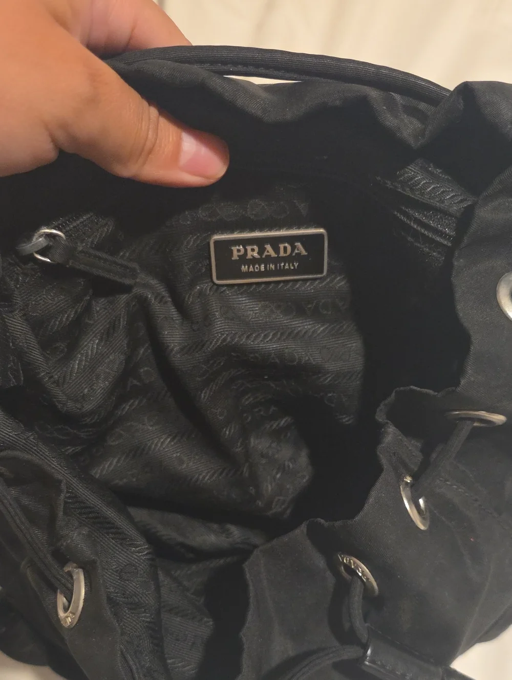 Prada Black Nylon Drawstring Backpack with Leather Trim